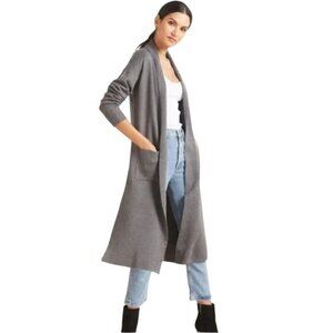 Line and Dot Duster Cardigan Sweater Size Small Open Front Long Sleeve Gray Cozy